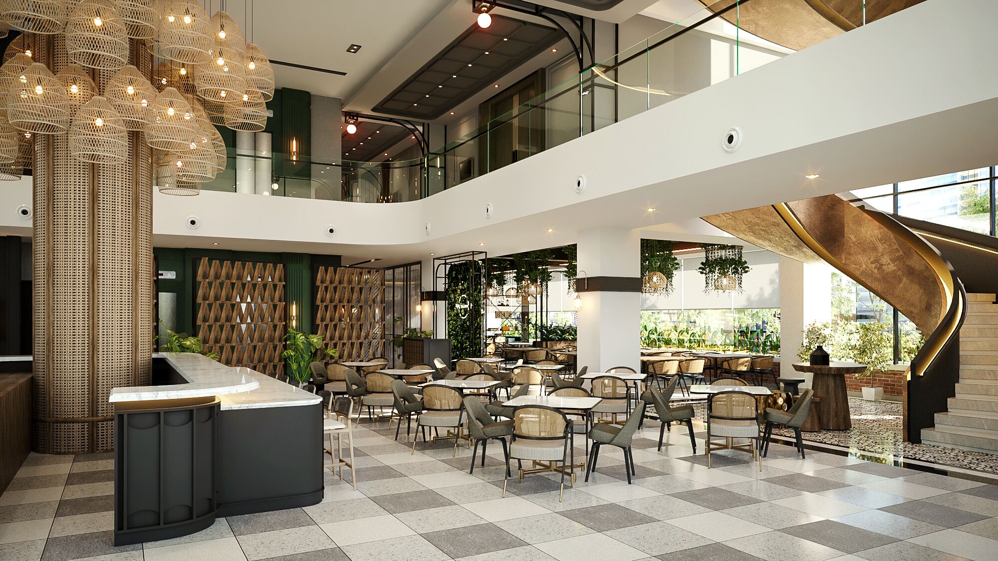 A spacious indoor area with multiple seating arrangements, a central bar, and a staircase leading to an upper level.
