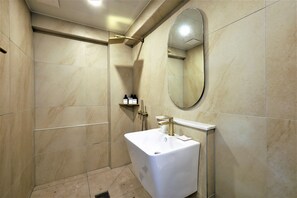 Shower, free toiletries, hair dryer, bathrobes