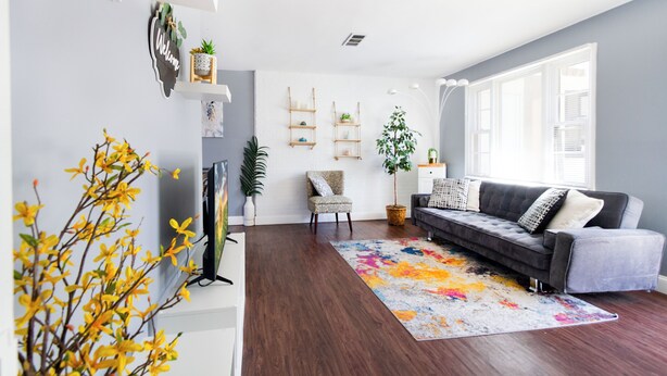 Una sala de estar moderna con un sofá gris oscuro, una alfombra colorida y diversas plantas.