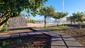 A paved pathway, a stone wall, and a row of trees in a landscaped area. - Lumia (Riposto)