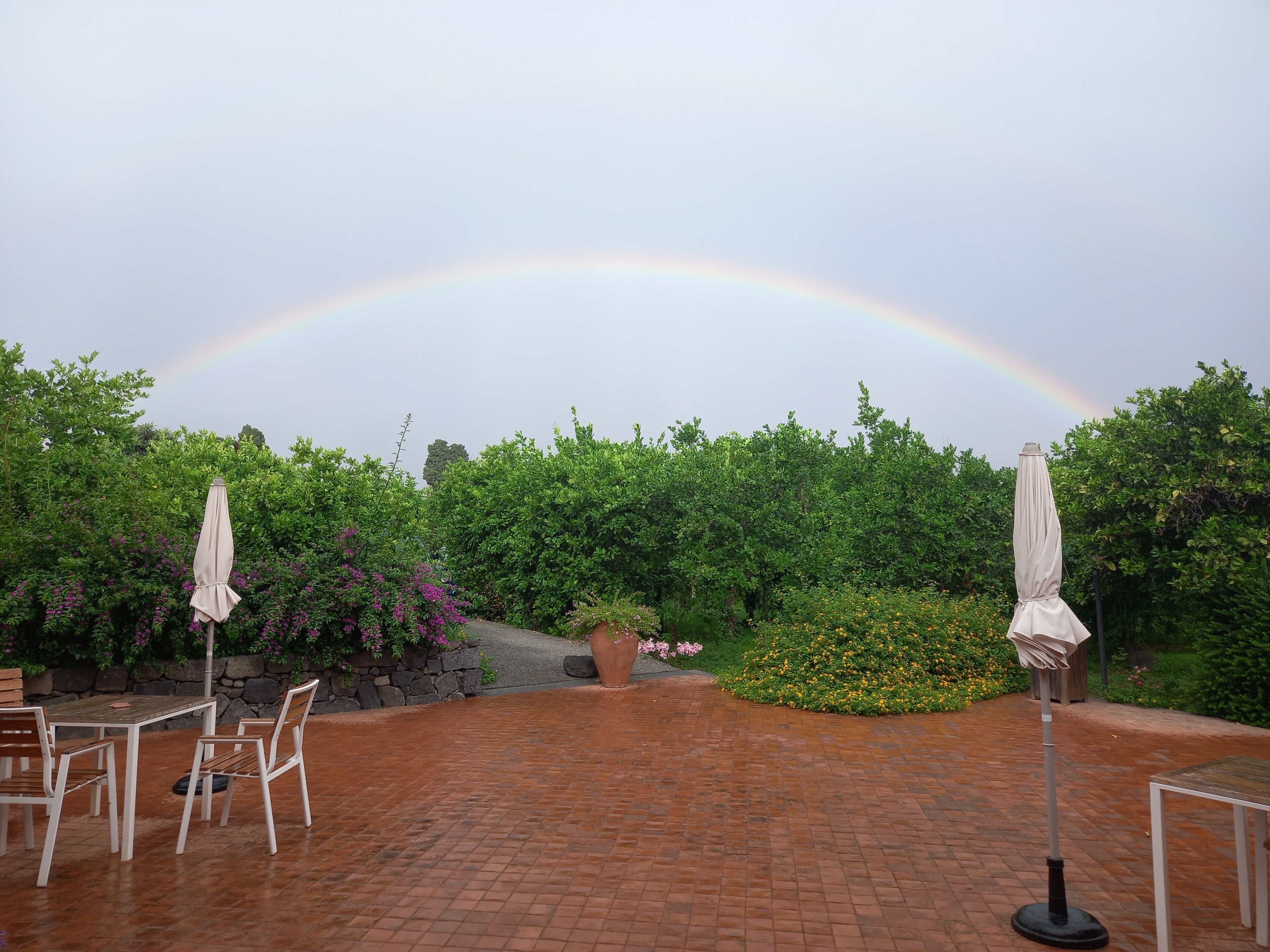 A patio with brick flooring, white metal chairs, and umbrellas, surrounded by lush greenery and a rainbow in the sky.