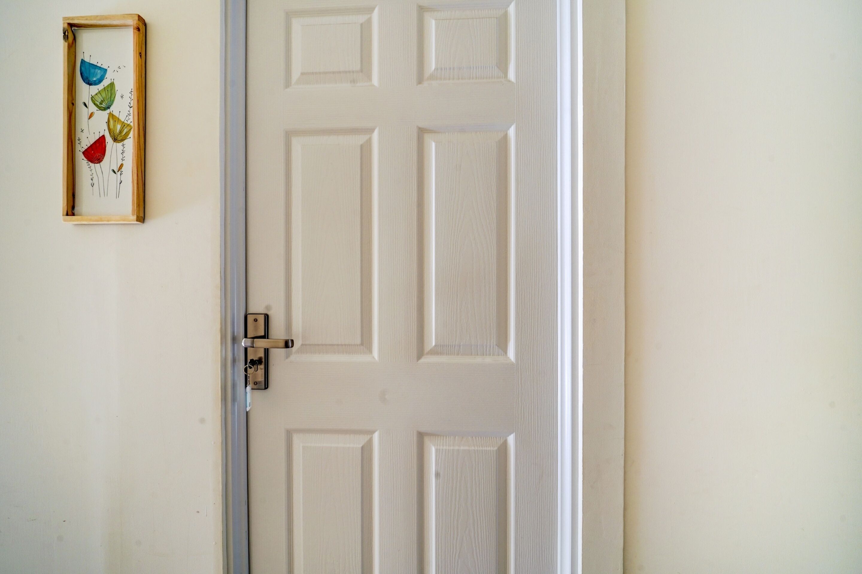 A white door with a simple latch and a small wooden-framed picture of flowers on the wall to the left.