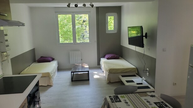 Una habitación compacta con dos camas individuales, una mesita pequeña, un televisor fijado en la pared y una ventana que ofrece vistas al verdor exterior.