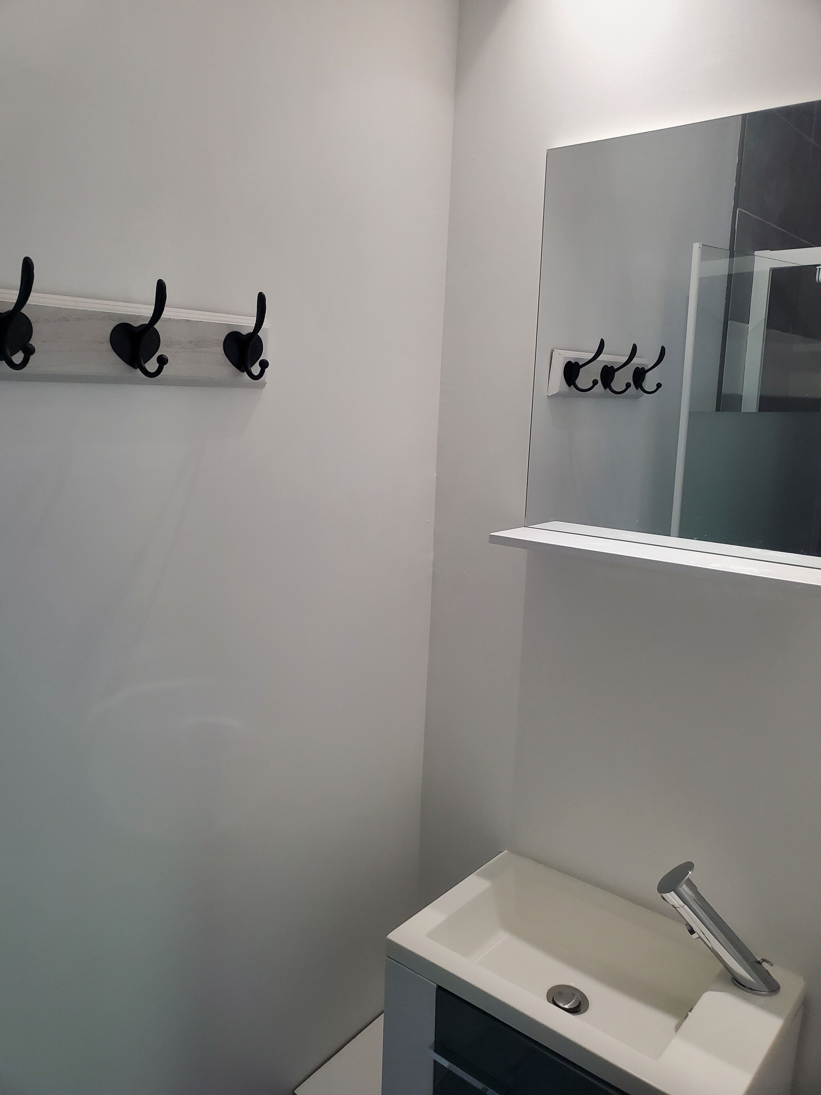Een moderne badkamer met een witte wasbak, een spiegel en drie zwarte handdoekhaken aan de muur.