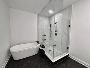Hair dryer, bidet, towels, soap