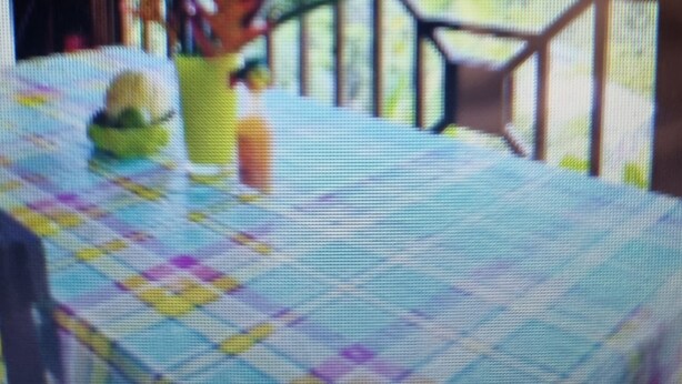 Un restaurante frente a la playa con vistas al océano, un área de estar al aire libre techada y una mesa con mantel a cuadros.