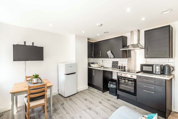 Fridge, microwave, oven, toaster