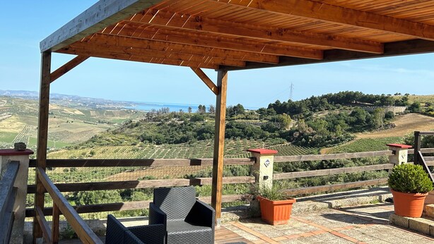 Uma área de estar coberta ao ar livre, com móveis de vime e plantas em vasos, com vista para um vinhedo e uma paisagem acidentada.