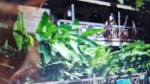 Una stanza sfocata con un letto e una finestra che si affaccia su una vegetazione.