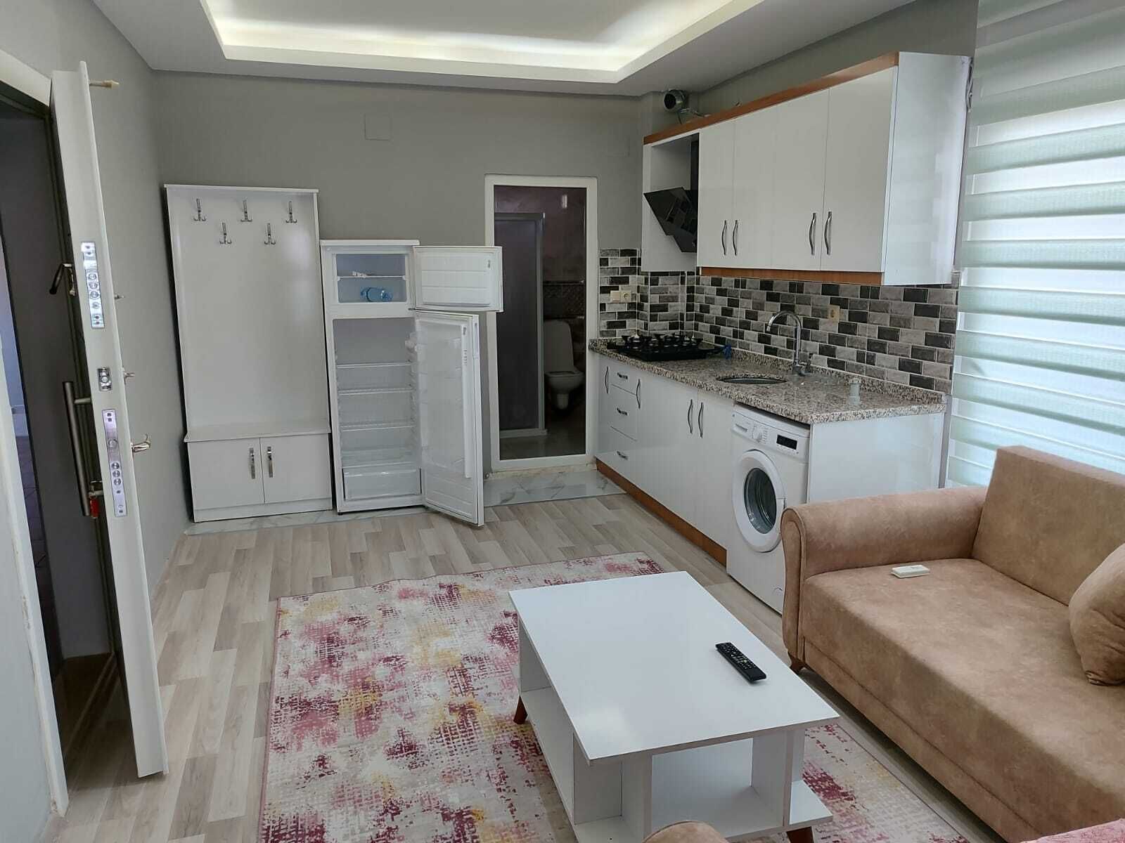Un espacio habitable compacto con kitchenette, lavadora, sofá y mesa de centro.