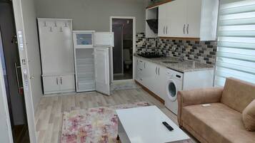 Un espacio habitable compacto con kitchenette, lavadora, sofá y mesa de centro.