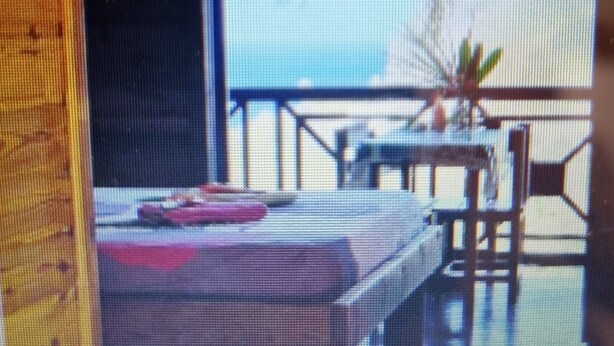 A room with a dining table, chairs, and a small table with a plant. - Bungalow Bois Marie Galante Climatisé Avec vue mer Panoramique (Deshaies)