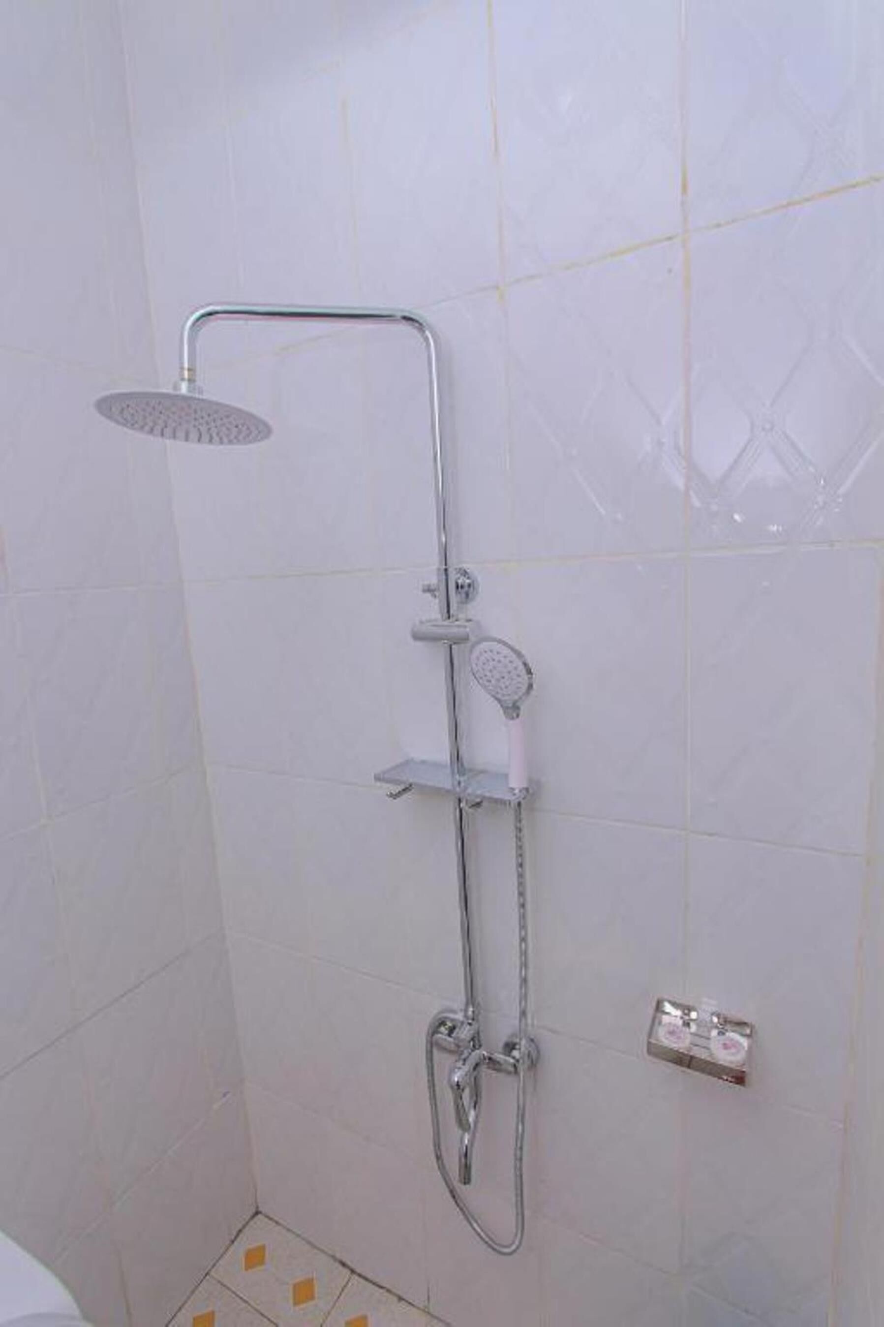 A shower with a handheld showerhead, a handheld scrubber, and a wall-mounted faucet.