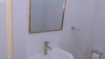 A bathroom with a white sink, a mirror, and a toilet.