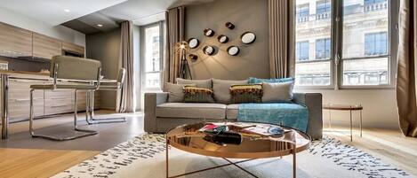 Télévision, cheminée, lecteur de DVD, livres