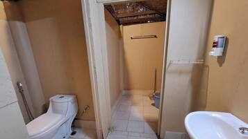 Un baño pequeño con inodoro, lavamanos y zona de ducha.