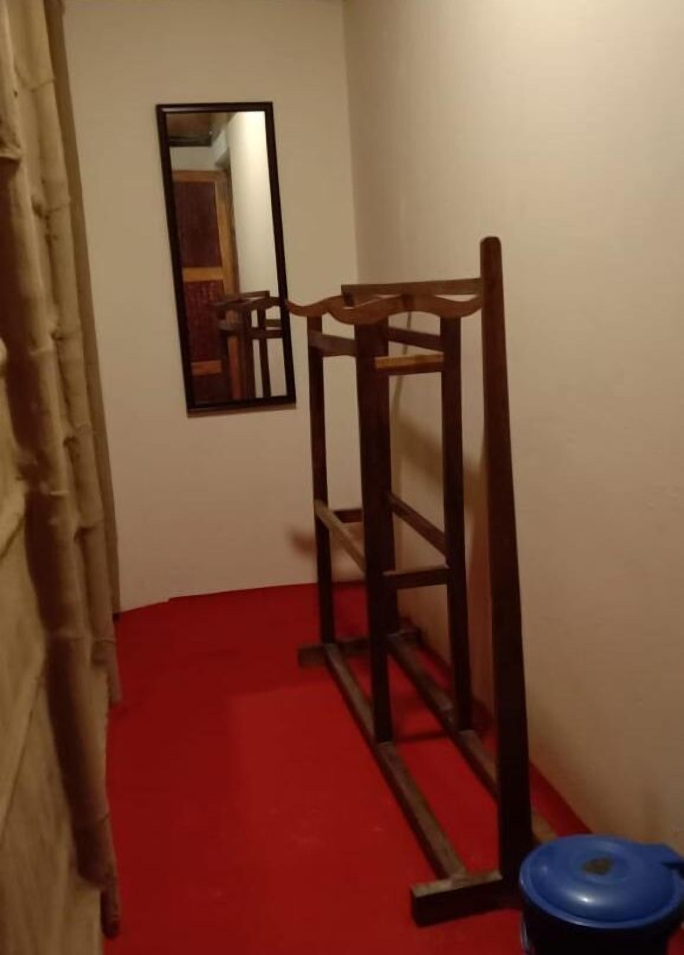 A room with a red carpet, a wooden chair, a mirror on the wall, and a blue trash bin.