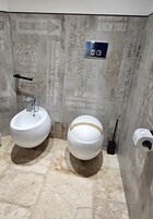 Bañera profunda, cabezal de ducha tipo lluvia, secador de pelo, bidet