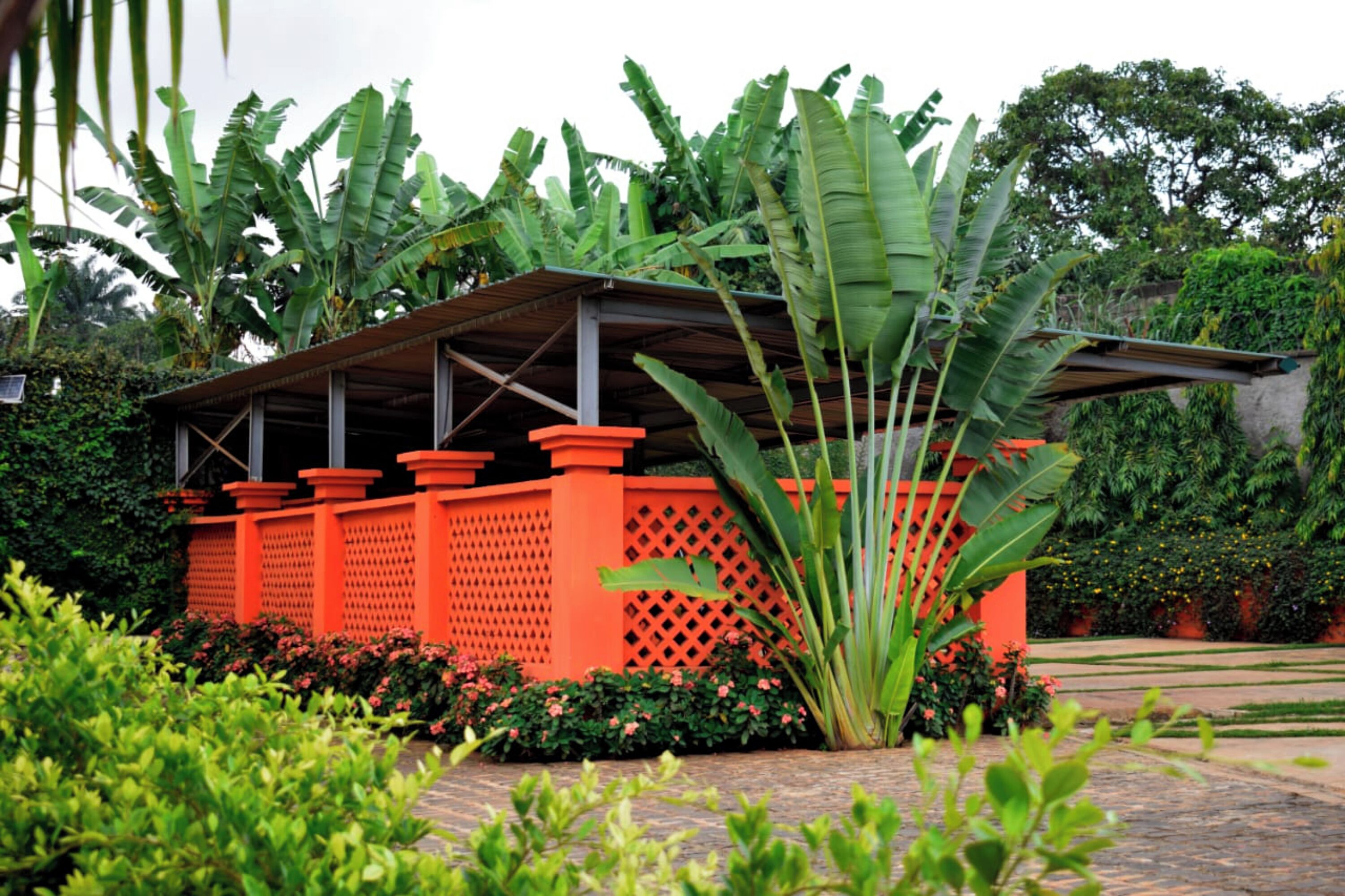 A structure with a red lattice design, surrounded by lush greenery and banana plants.
