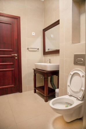 A bathroom with a wooden door, a sink, a mirror, and a toilet.