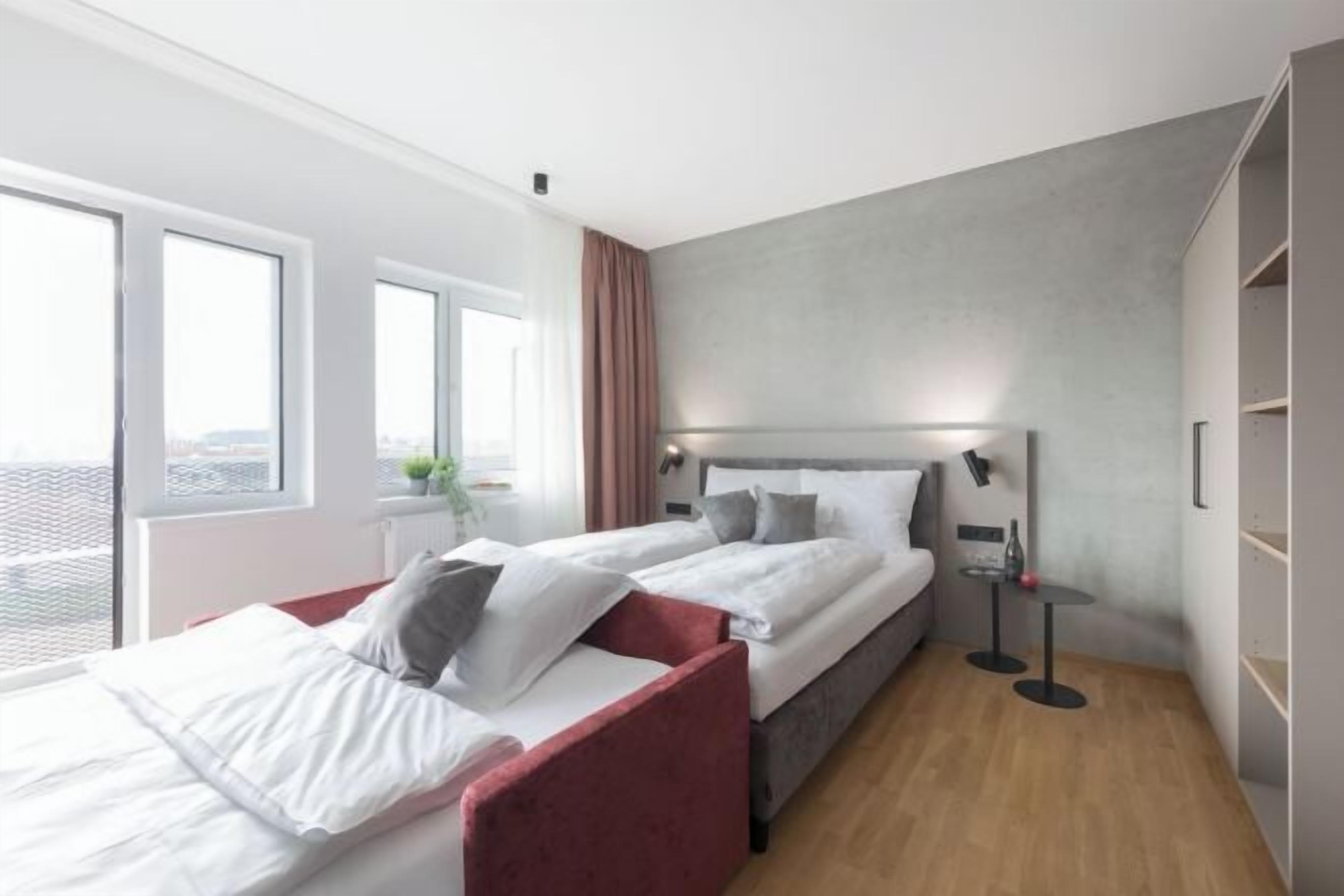 Hypo-allergenic bedding, desk, laptop workspace, soundproofing