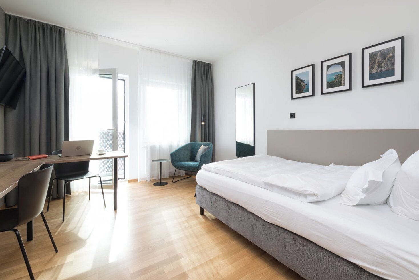 Hypo-allergenic bedding, desk, laptop workspace, soundproofing
