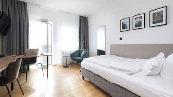 Hypo-allergenic bedding available, desk, laptop workspace, soundproofing