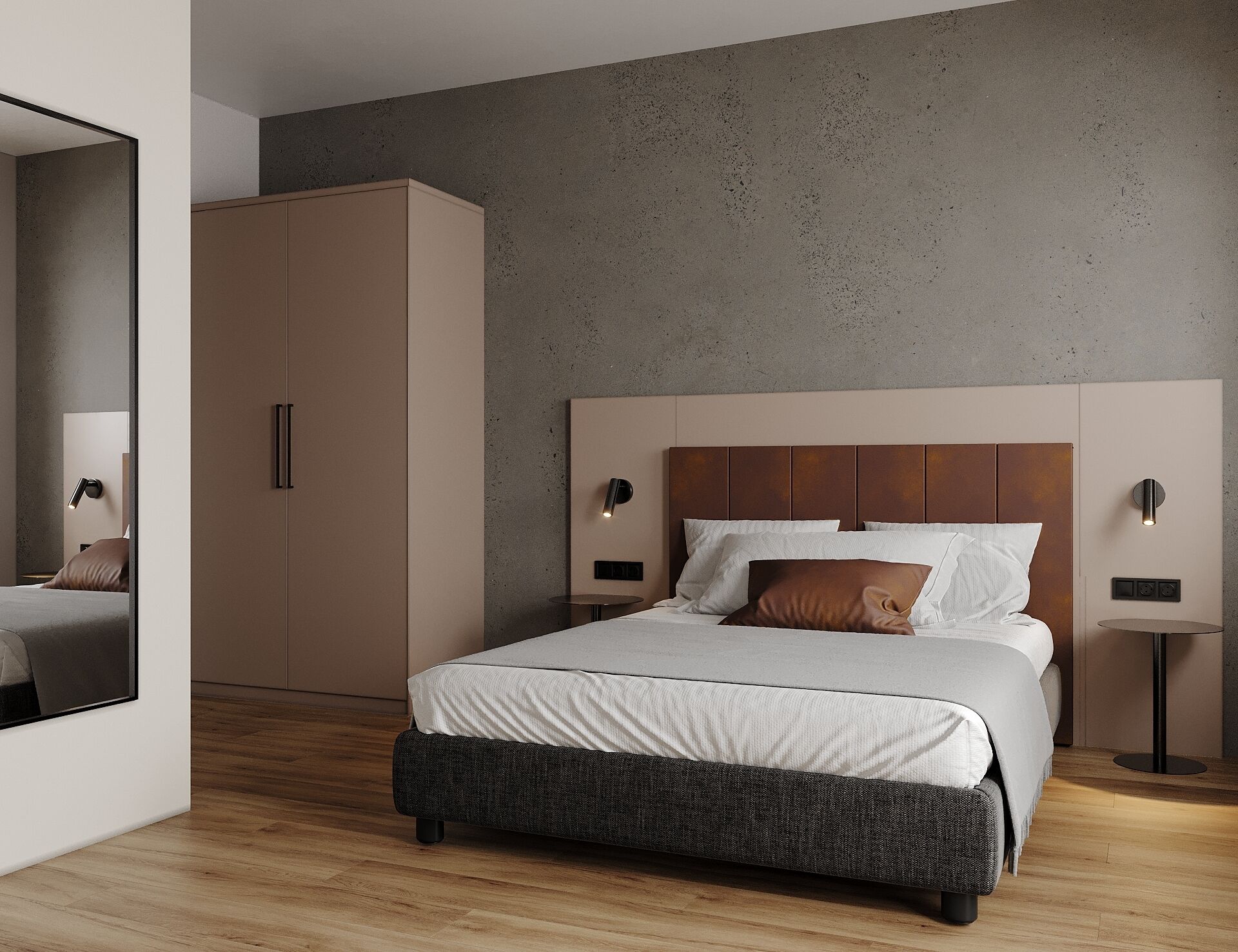 A modern bedroom with a large bed, a wardrobe, and bedside lamps.