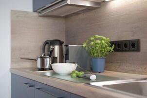 Full-size fridge, microwave, stovetop, espresso maker