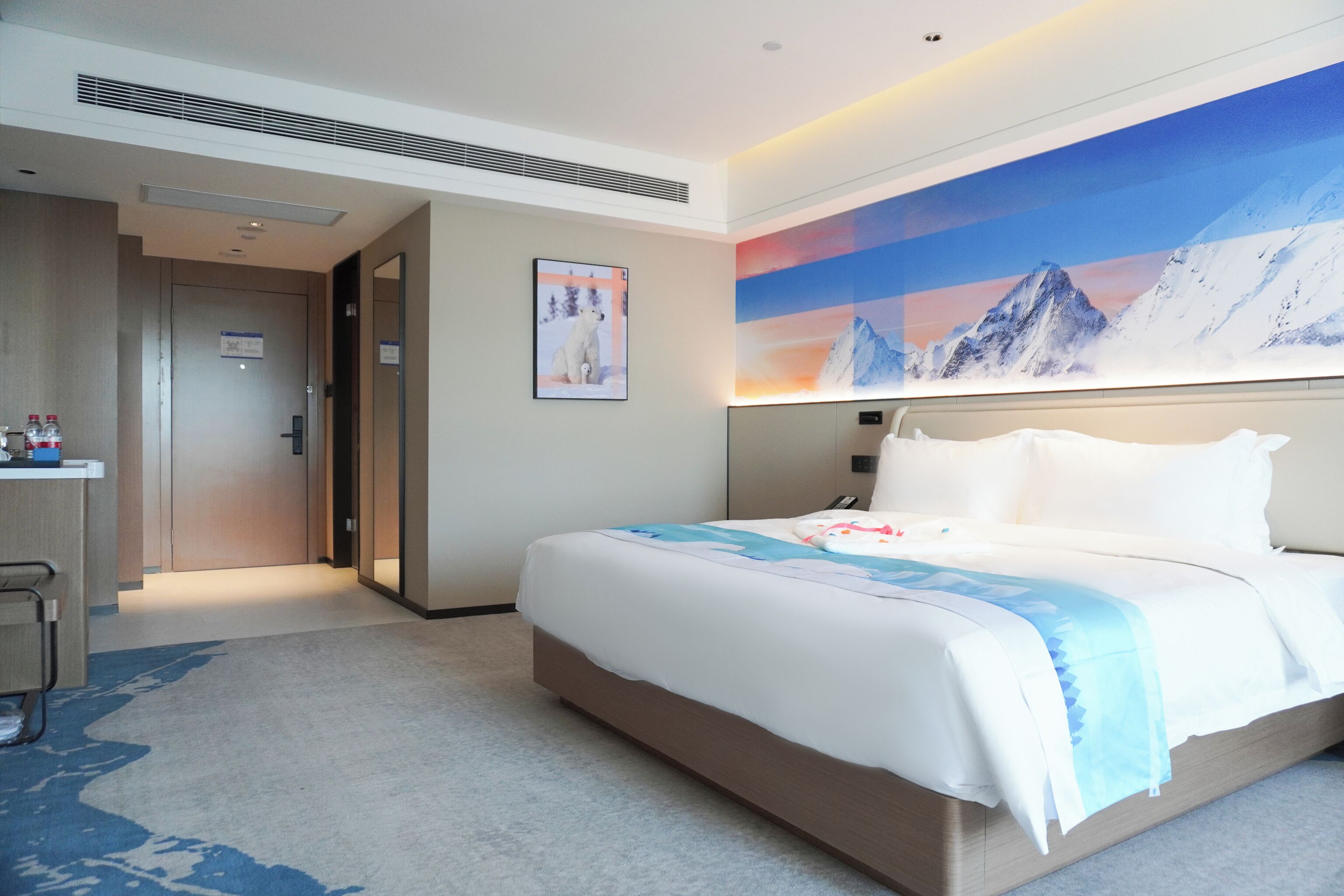 A hotel room with a bed, a desk, and a bathroom.