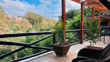 A balcony with a wooden pergola, potted plants, and a view of a hilly landscape.