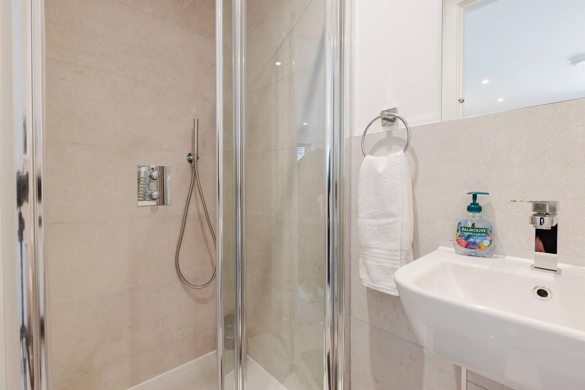 A glass-enclosed shower with a handheld showerhead, a white sink with a soap dispenser, and a towel hanging on a rack.