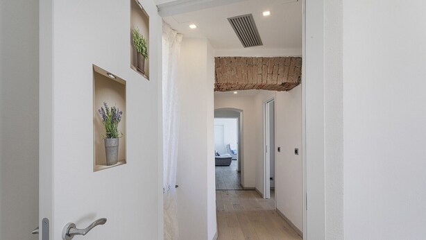 Un pasillo con una puerta blanca, una planta en maceta, un muro de ladrillo decorativo y una vista de una habitación con cama y sillón.