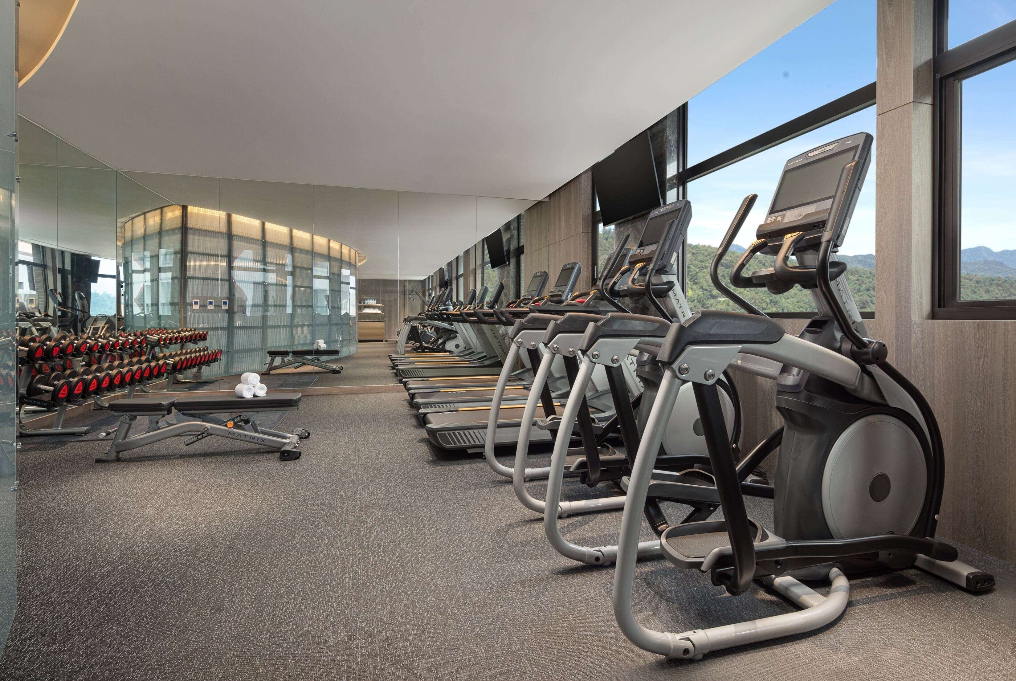 A gym with treadmills, dumbbells, and benches.