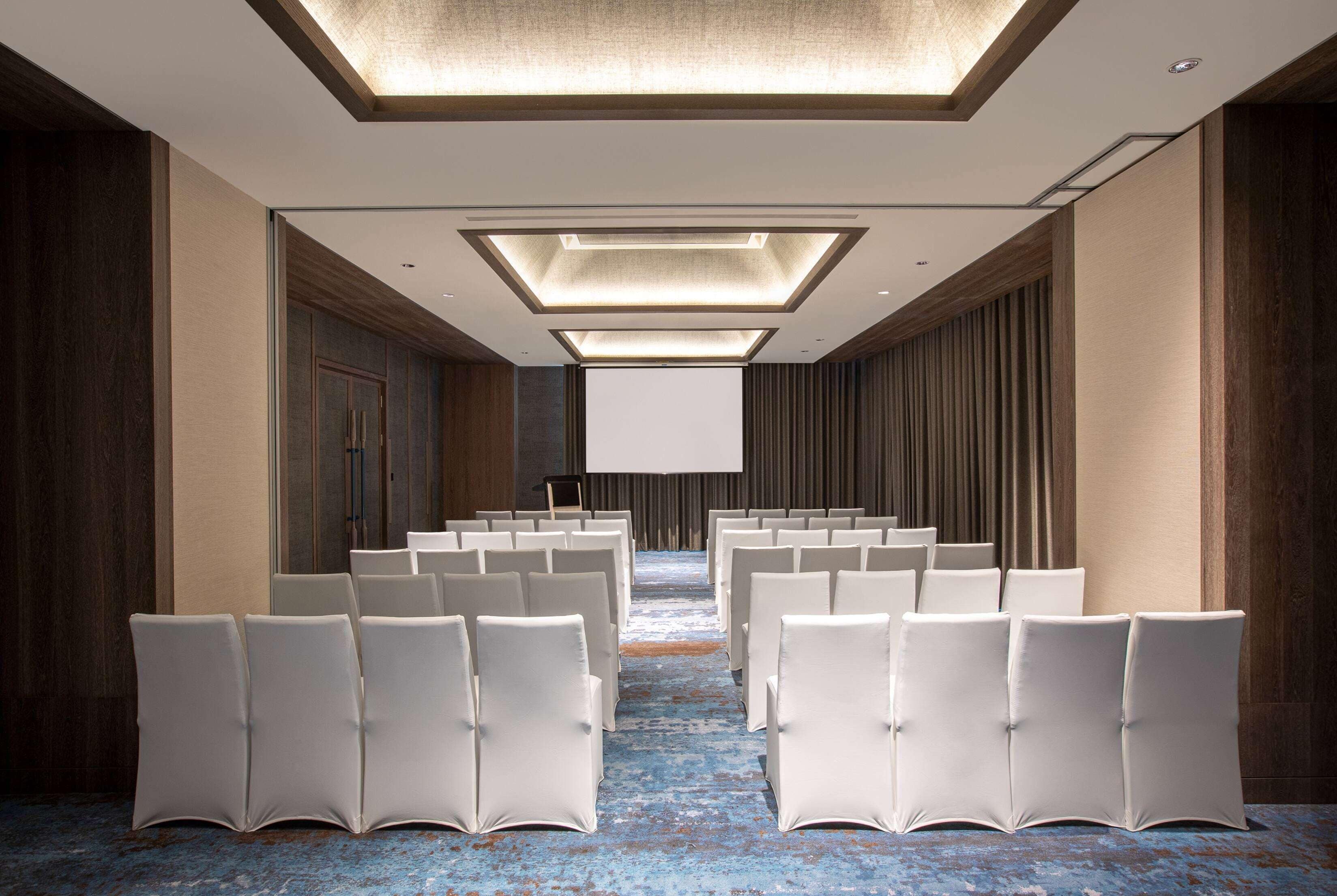Un salón de conferencias con filas de sillas blancas, una pantalla grande al frente y piso cubierto de moqueta azul.