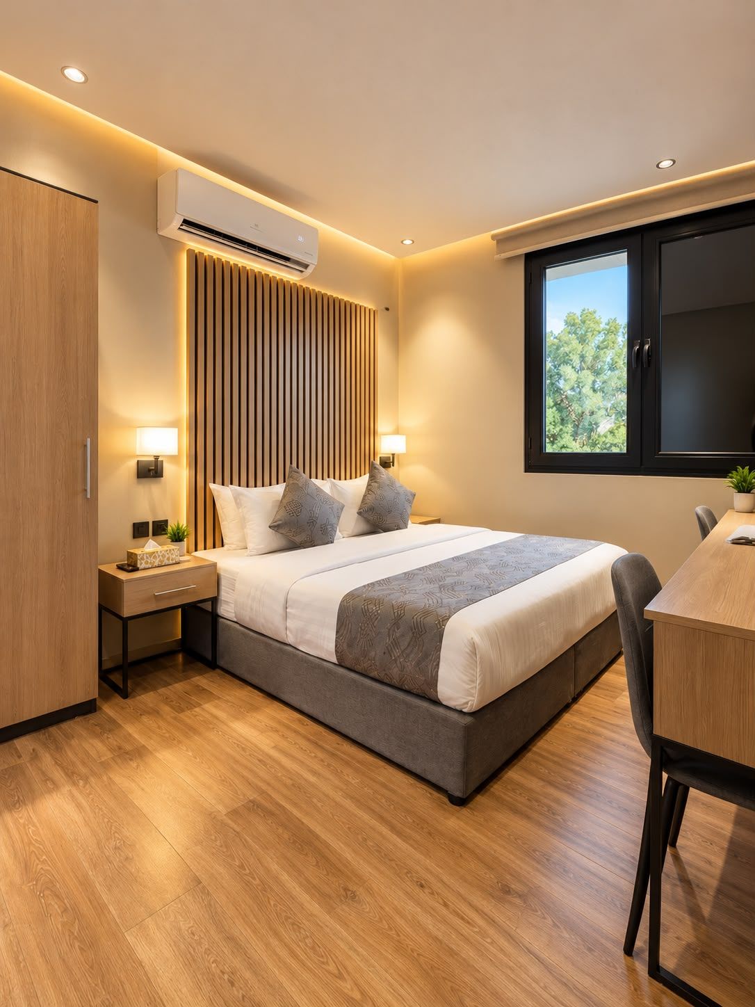 Un dormitorio moderno con una cama grande, mesitas de noche, un escritorio y una ventana con vistas.