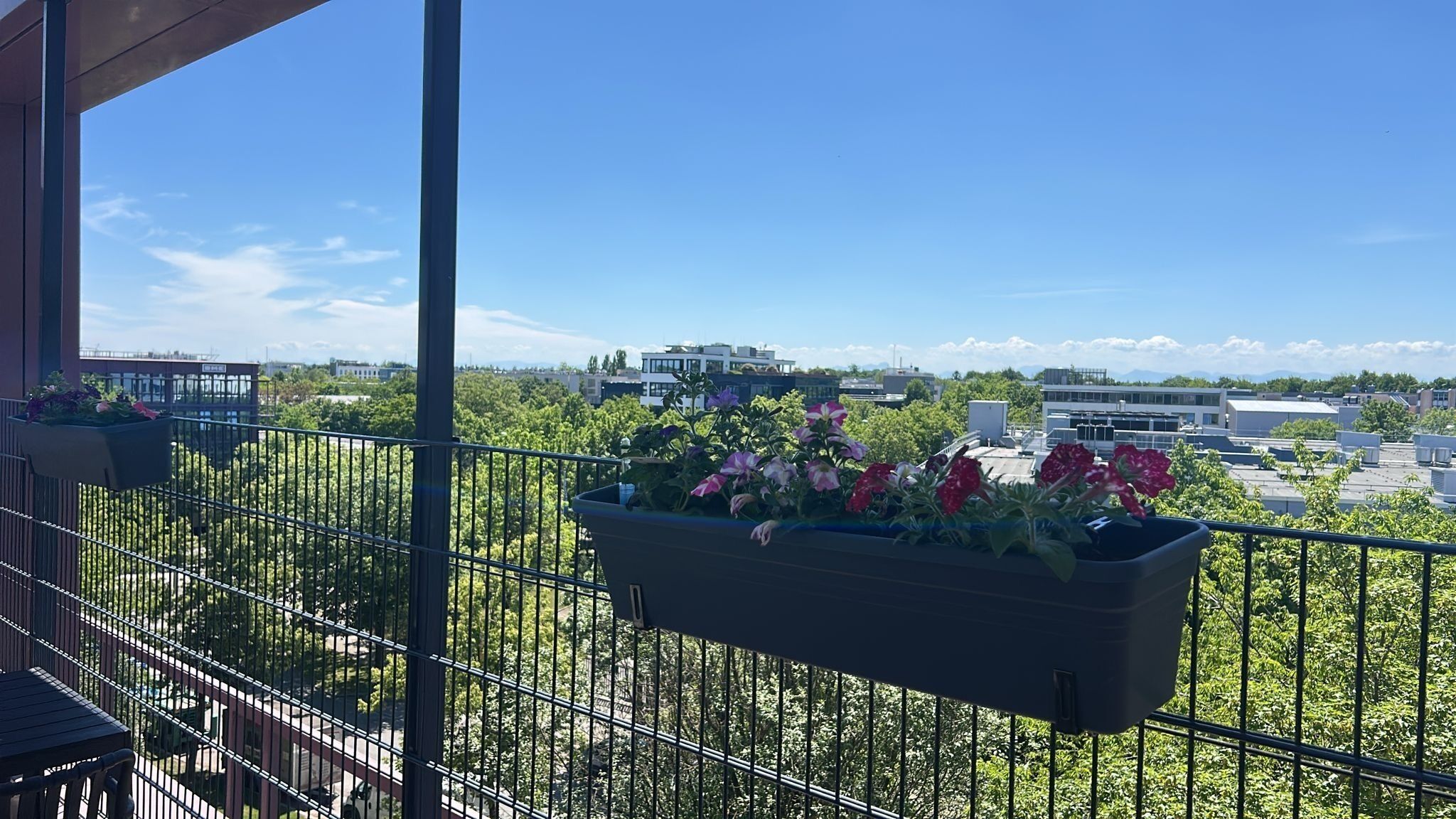 Uma varanda com grades de metal, um vaso de flores pendurado e vista para edifícios e vegetação.
