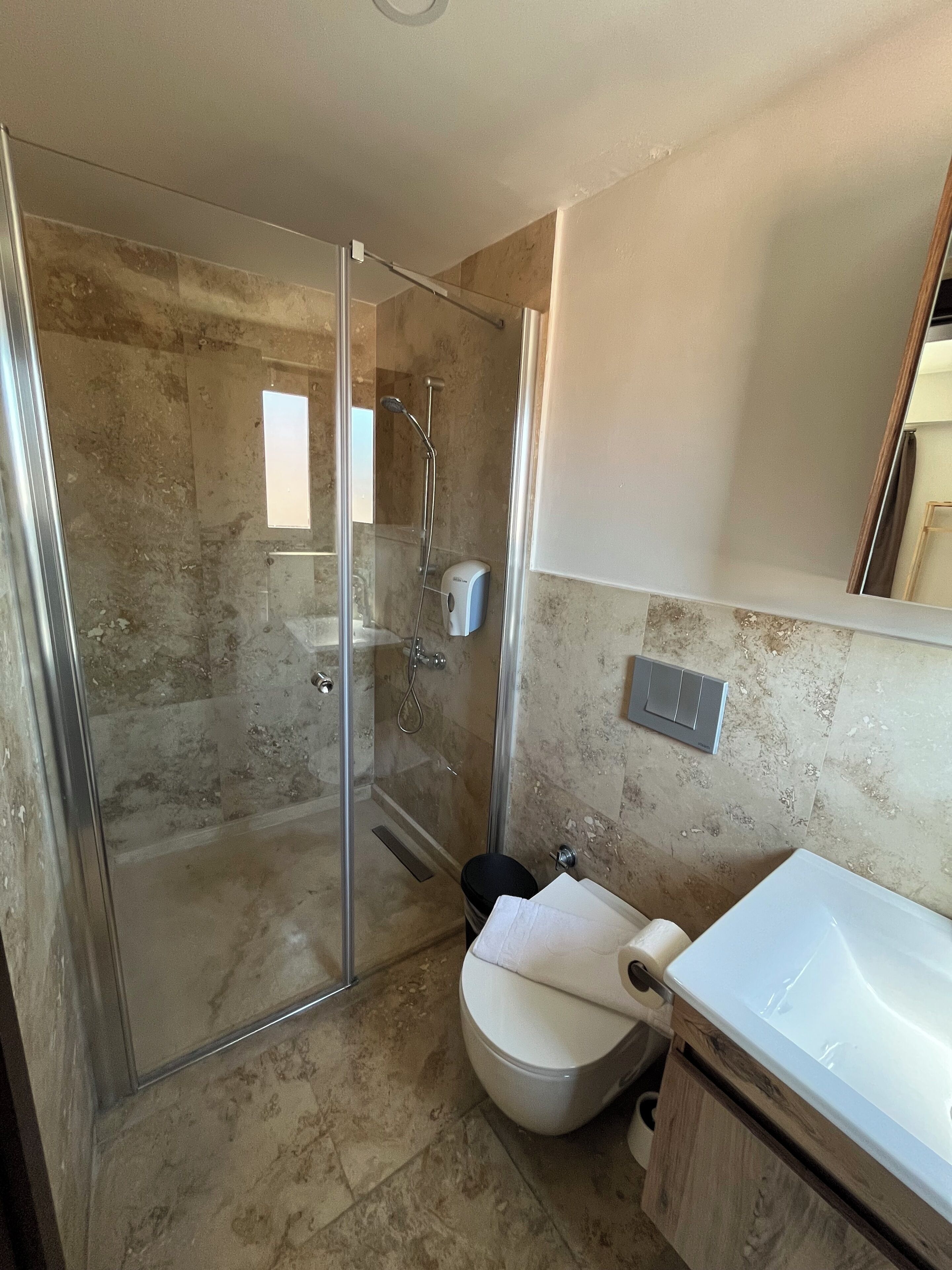 Ein Badezimmer mit Duschkabine, Toilette in Weiß und Waschbecken mit Spiegel.