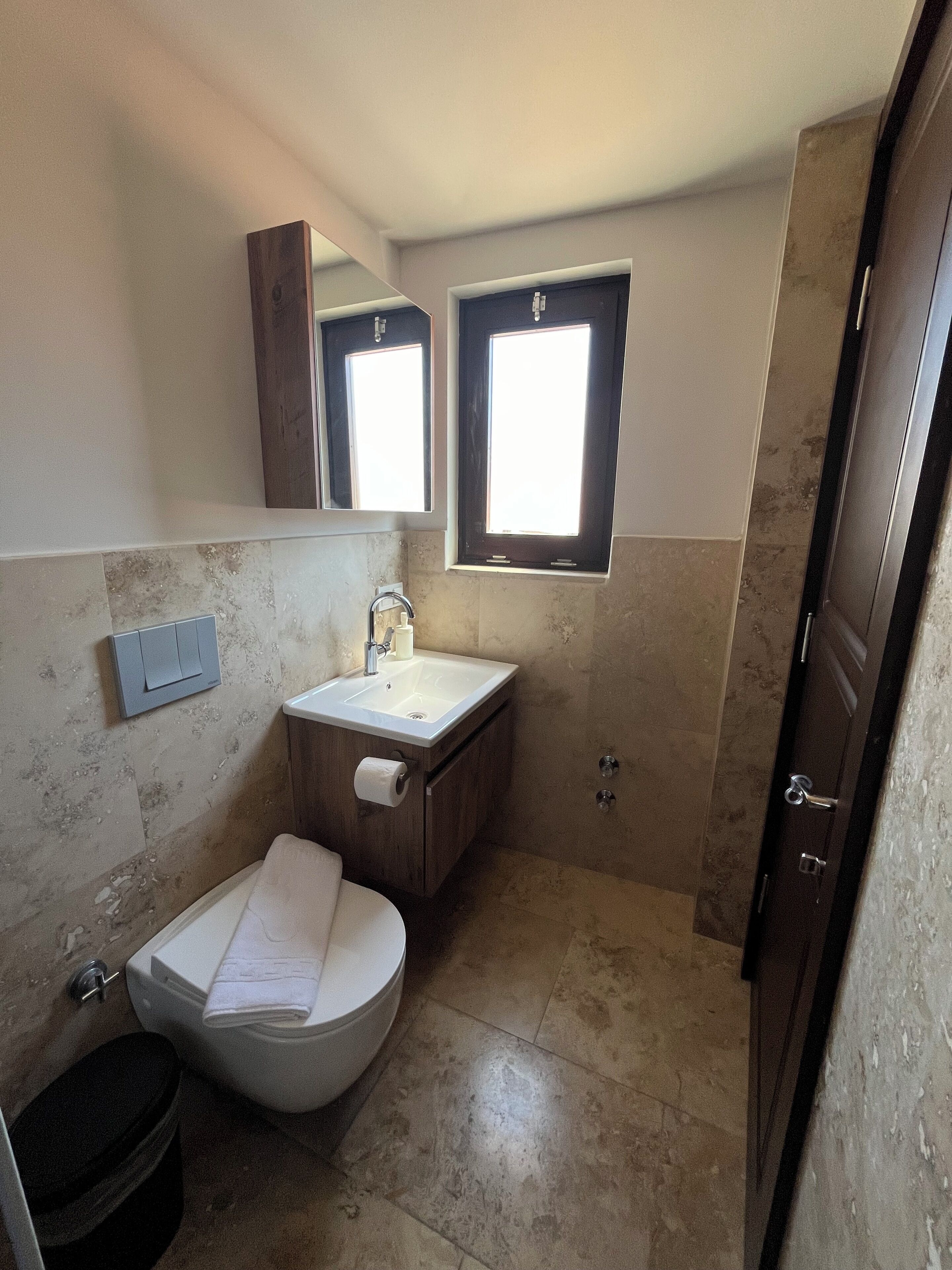 A bathroom with a toilet, sink, and mirror.