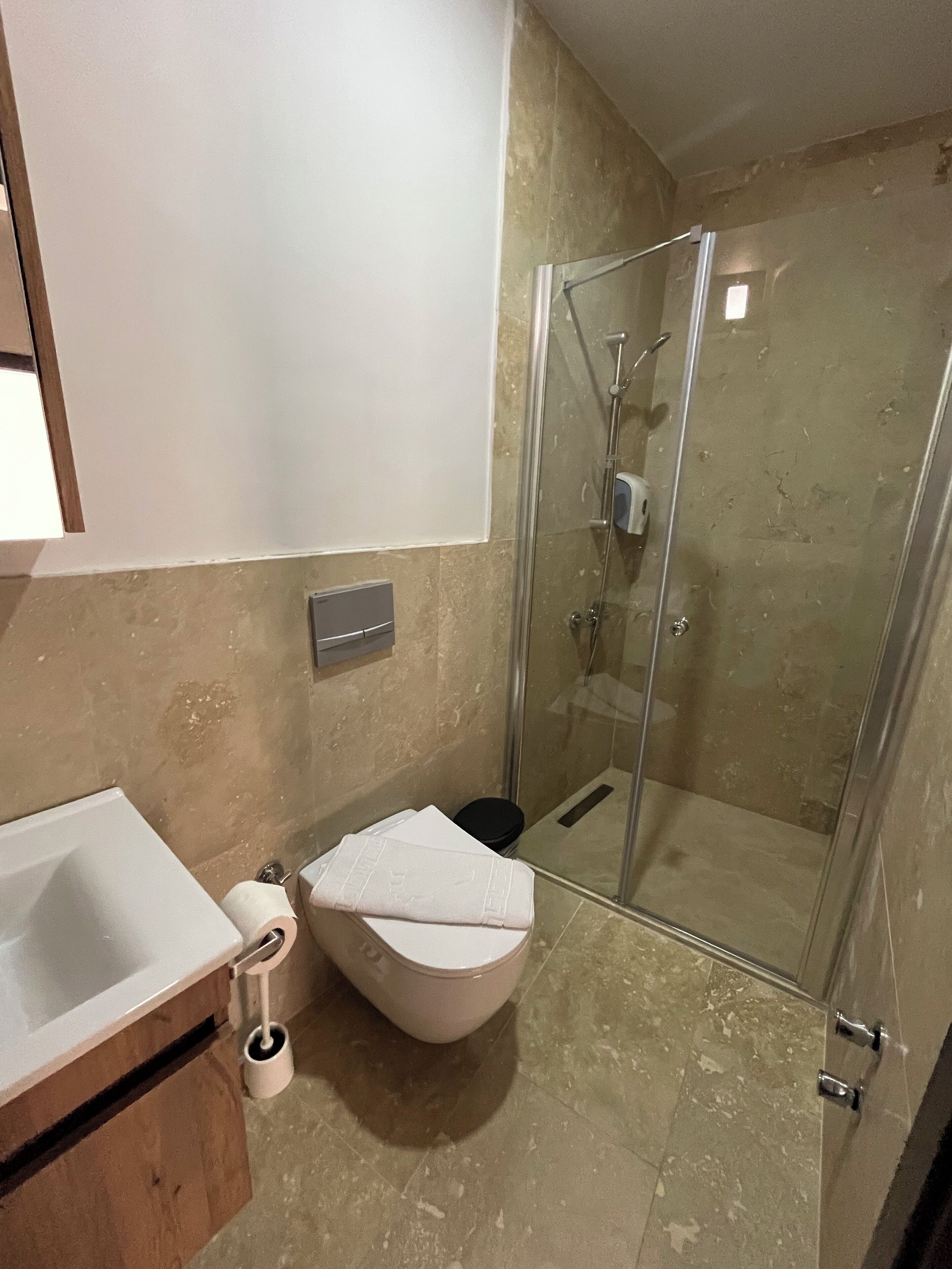 Habitación básica | Baño | Ducha, zapatillas, toallas y jabón