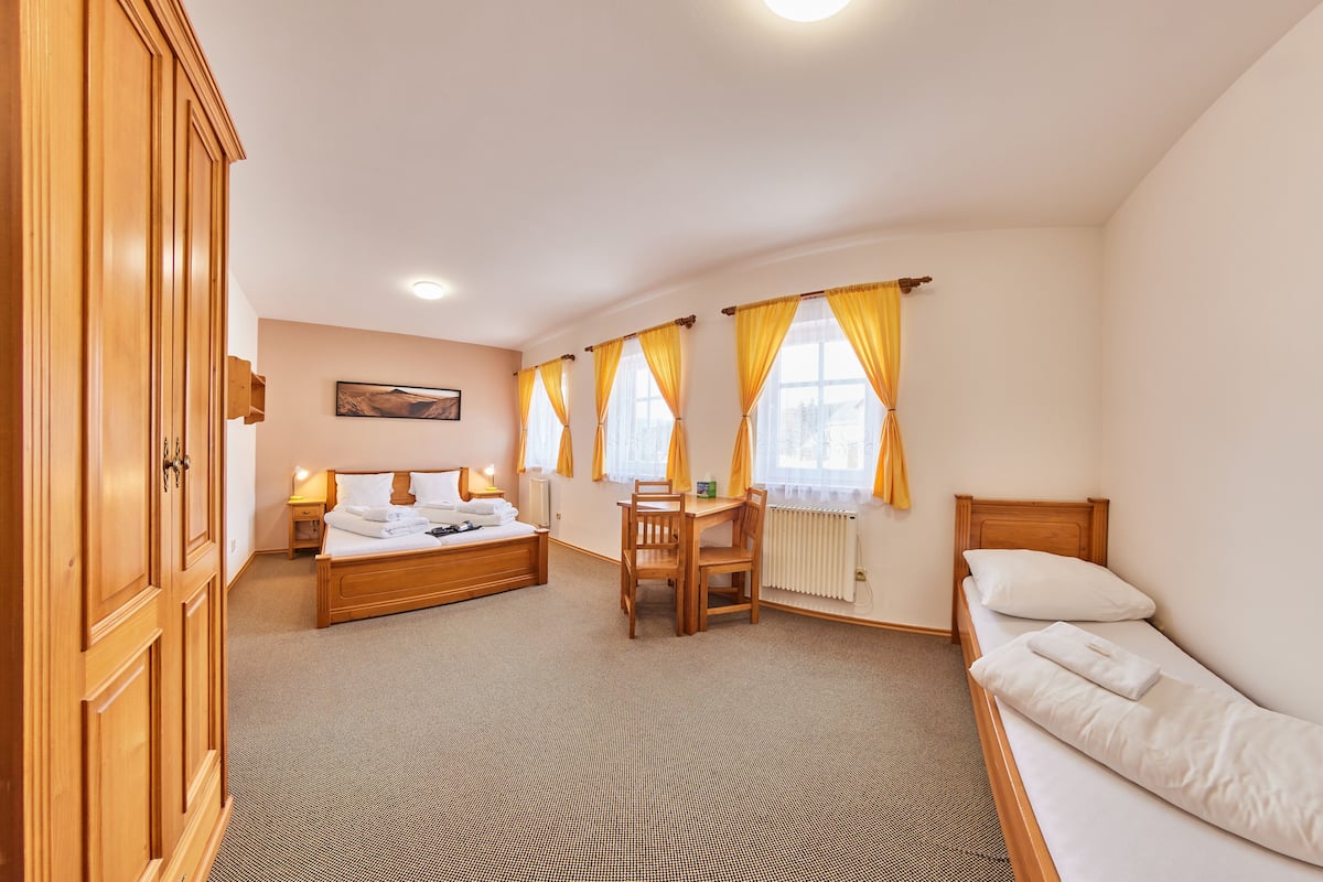 A hotel room with a bed, a desk, and a chair. There is a wardrobe and a radiator on the wall.