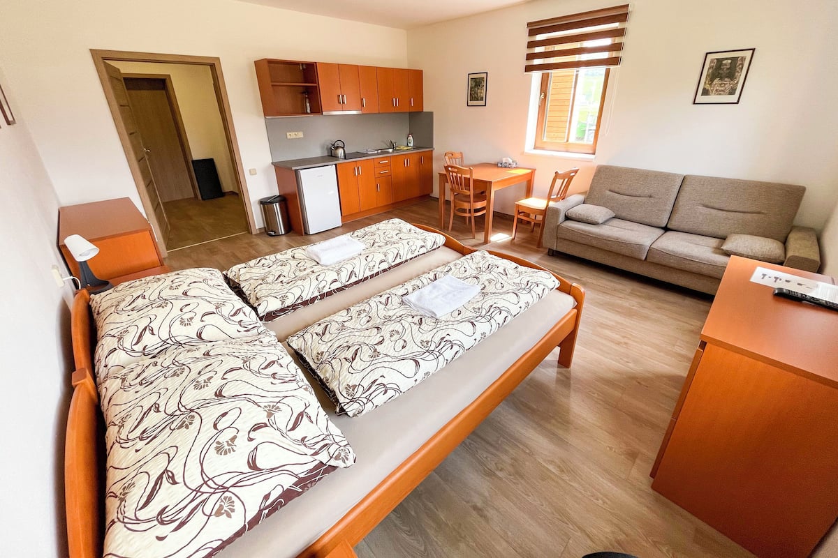 A compact room with a bed, a sofa, a small table, a kitchenette, and a window with blinds.