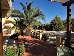A covered patio area with potted plants, a palm tree, and a brick pathway. - Cozy Apartment Ideal for Couple (Sciacca)
