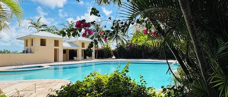 A swimming pool surrounded by lush greenery and a building with a white roof.
