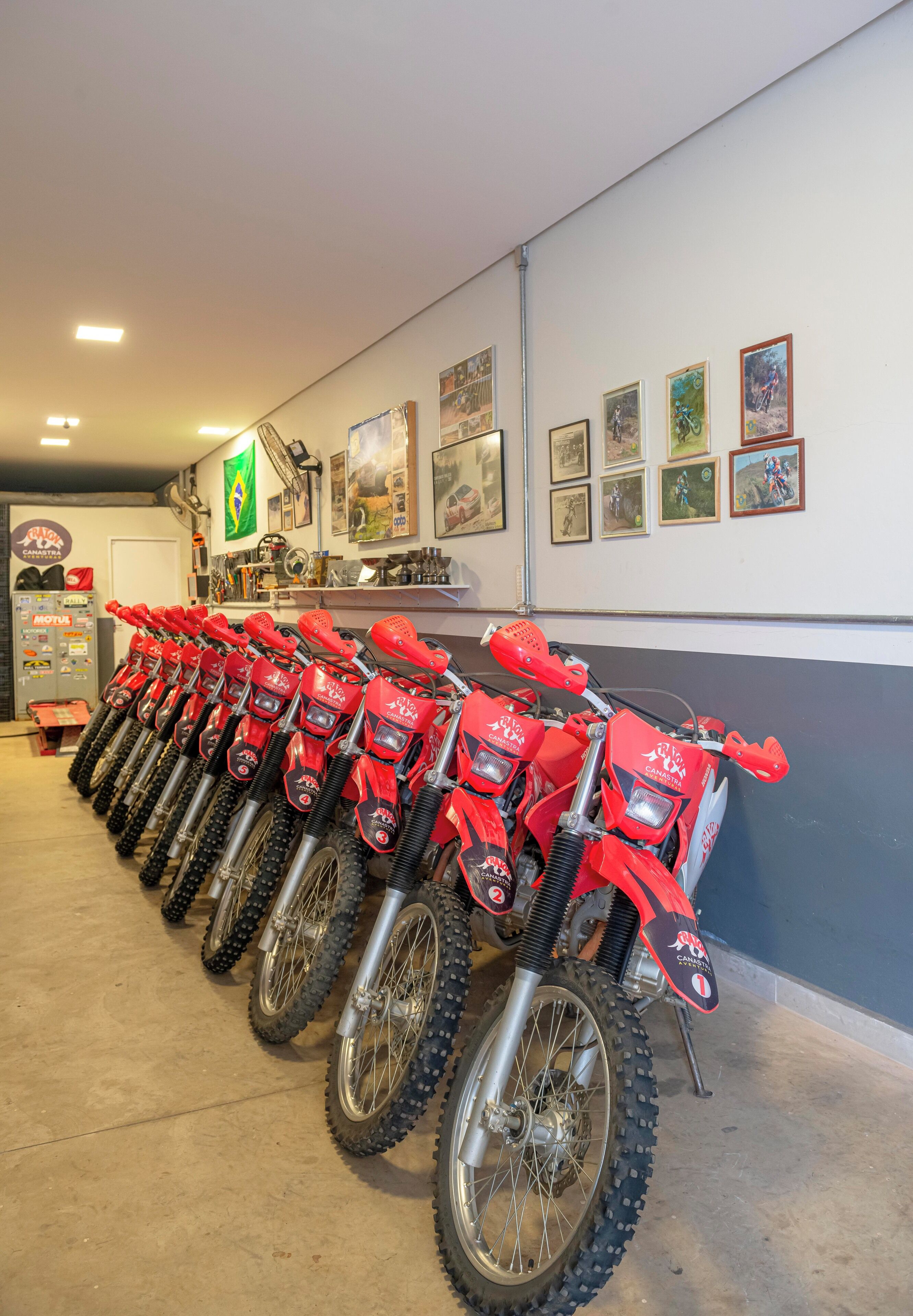 A row of red dirt bikes parked indoors with a wall of framed pictures and a sign in the background.