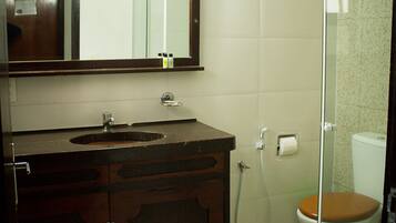 Un bagno con un mobile vanitario in legno, un lavandino, uno specchio, un water e una doccia.