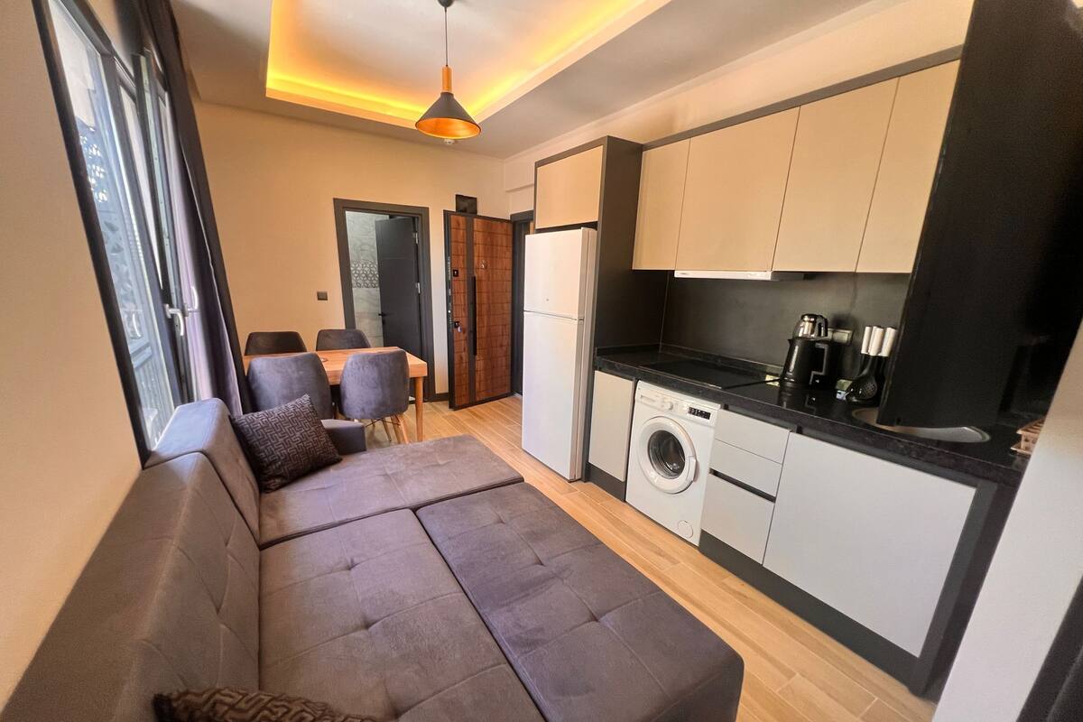 A compact living space with a sofa, a washing machine, a dining table, and a kitchen area.