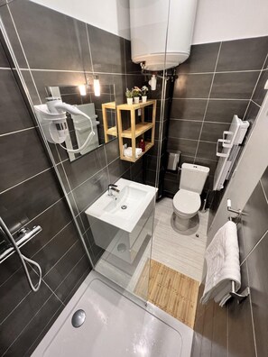 Jetted bath, hair dryer, towels, soap