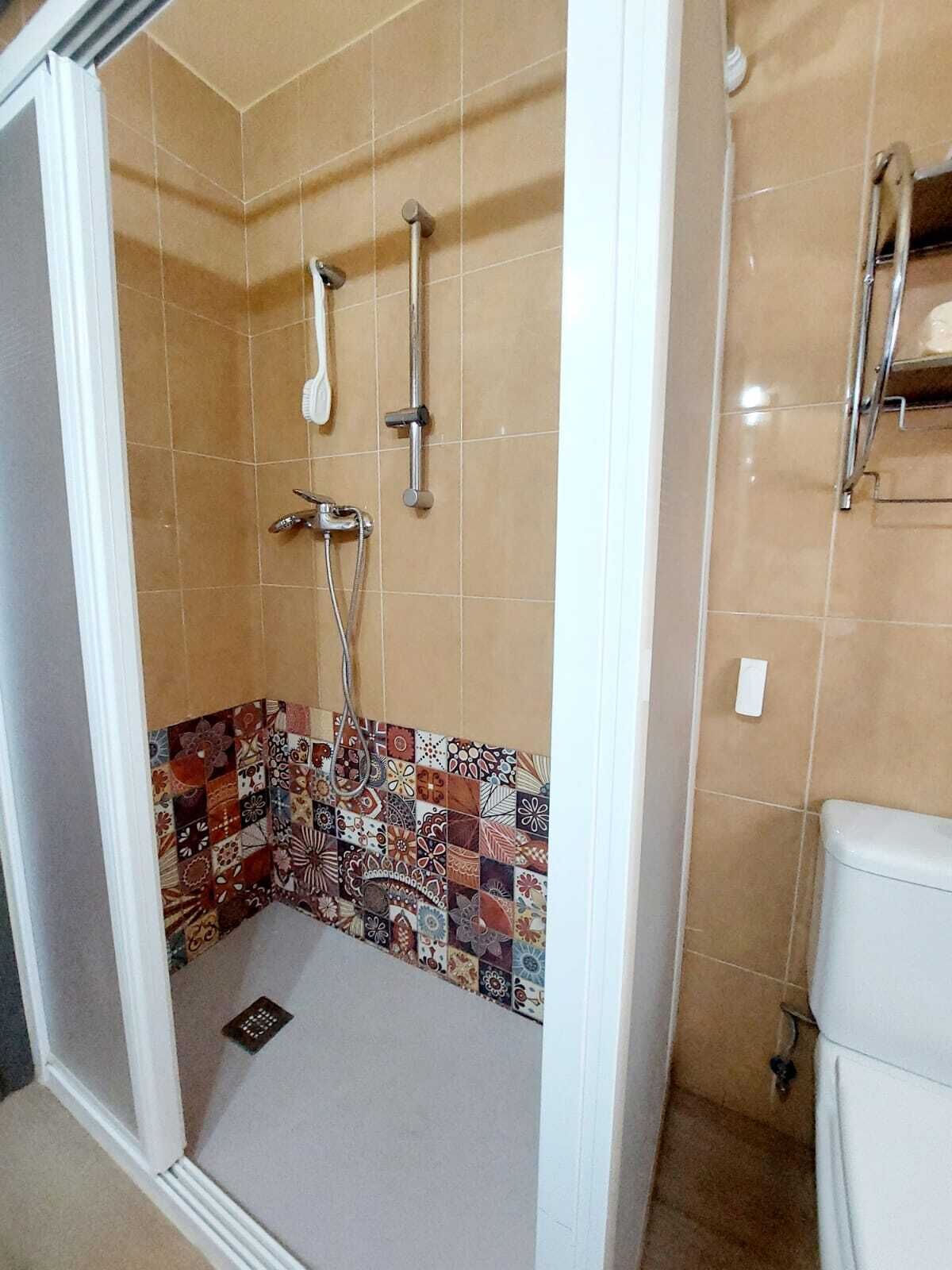 Shower, free toiletries, hair dryer, towels