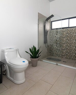 A bathroom with a toilet, a shower, and a potted plant. - Arisa Mountain House (San Isidro)